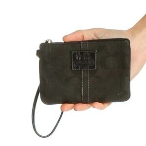 Coach Signature Jacquard Black Wristlet Pouch Clutch With Strap